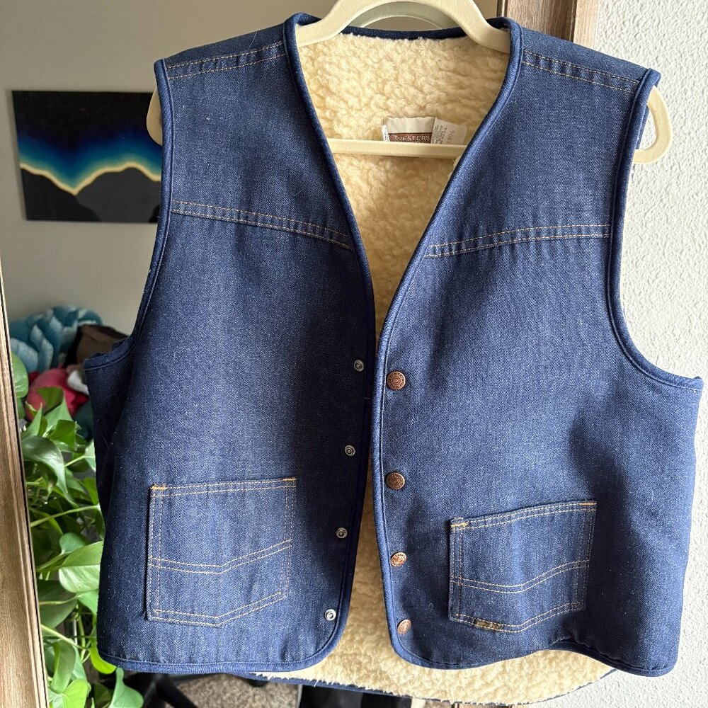 Sears Dark Blue Denim Sherpa-Lined Work Vest